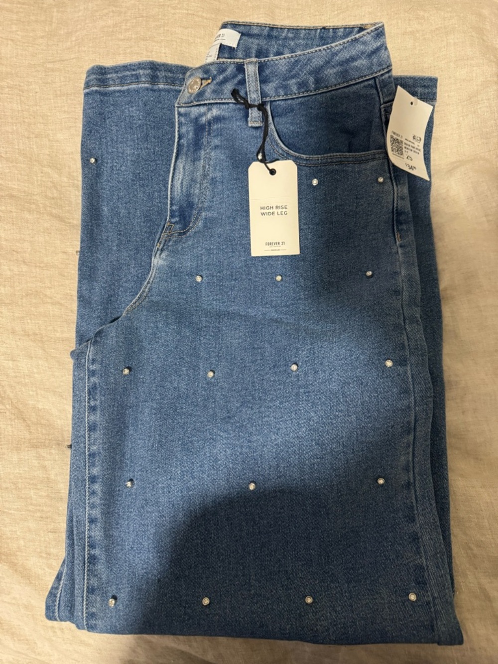 Forever 21 Embellished High-Rise Wide Leg Jeans - Denim Blue